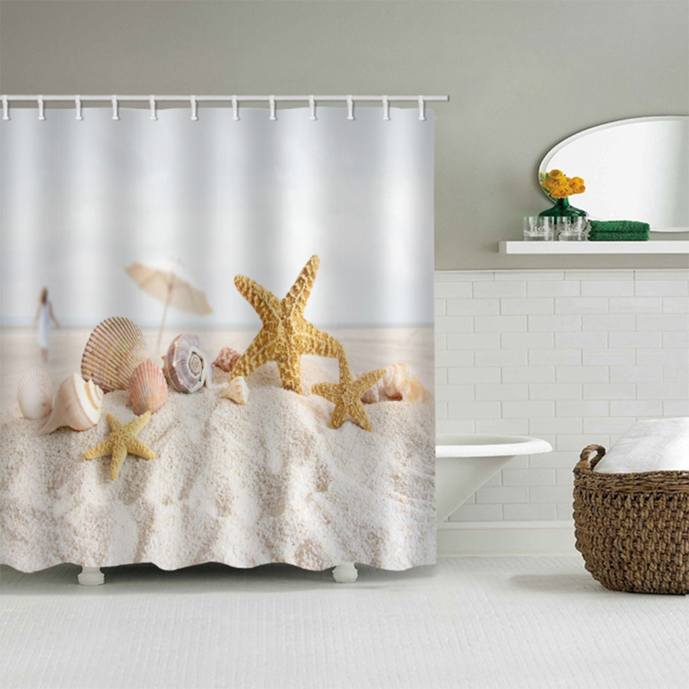 China Starfish Conch Waterproof Shower Curtain Laut Pantai Dekorasi Kamar Mandi