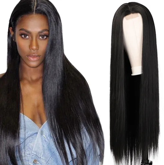 30 Inches Middle Part Long Straight Black Hair Synthetic Hair Wigs For Black Women Heat Resistant Fiber Lace Wigs