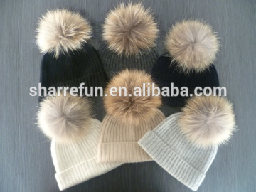 factory wholesale 91 colors rib knit Pure Cashmere Raccoon Fur Bobble hats