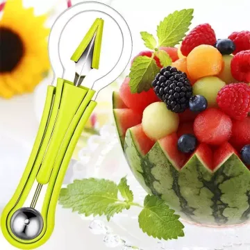 Portable 3-in-1 Stainless Steel Fruit Tools: Melon Baller, Scoop, Digger & Ice Cream Scoop in Sky Blue/Green
