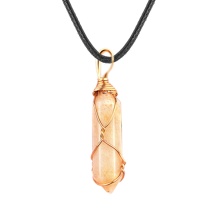 Yellow Jade Hexagonal Pointed( 8x32mm) Pendant Wrapped Gold Wire Necklace 45cm Black Cord