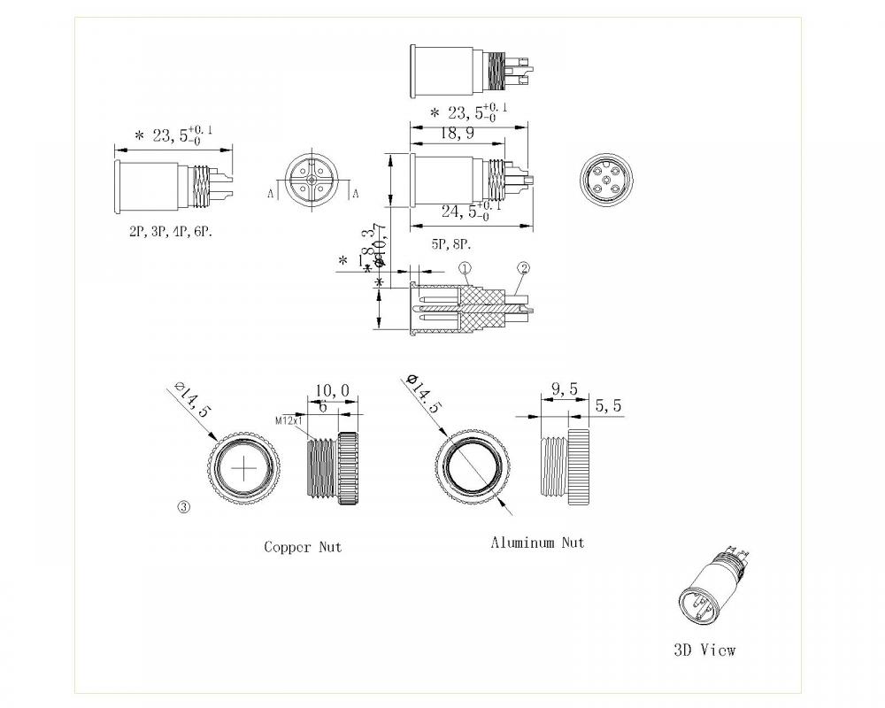 M12 2-8P Male A Code Wire Side