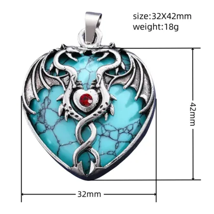 Black Obsidian Heart Antique Silver Double Dragon Stone Pendant (32x42mm) Keychain