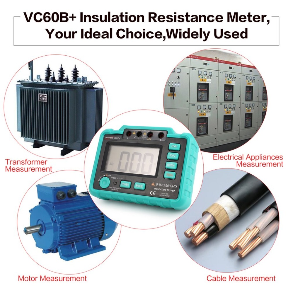 VC60B+ 1000V Digital Auto Range Insulation Resistance Meter Tester Megohmmeter Megger High Voltage LED Indication 1999 Counts