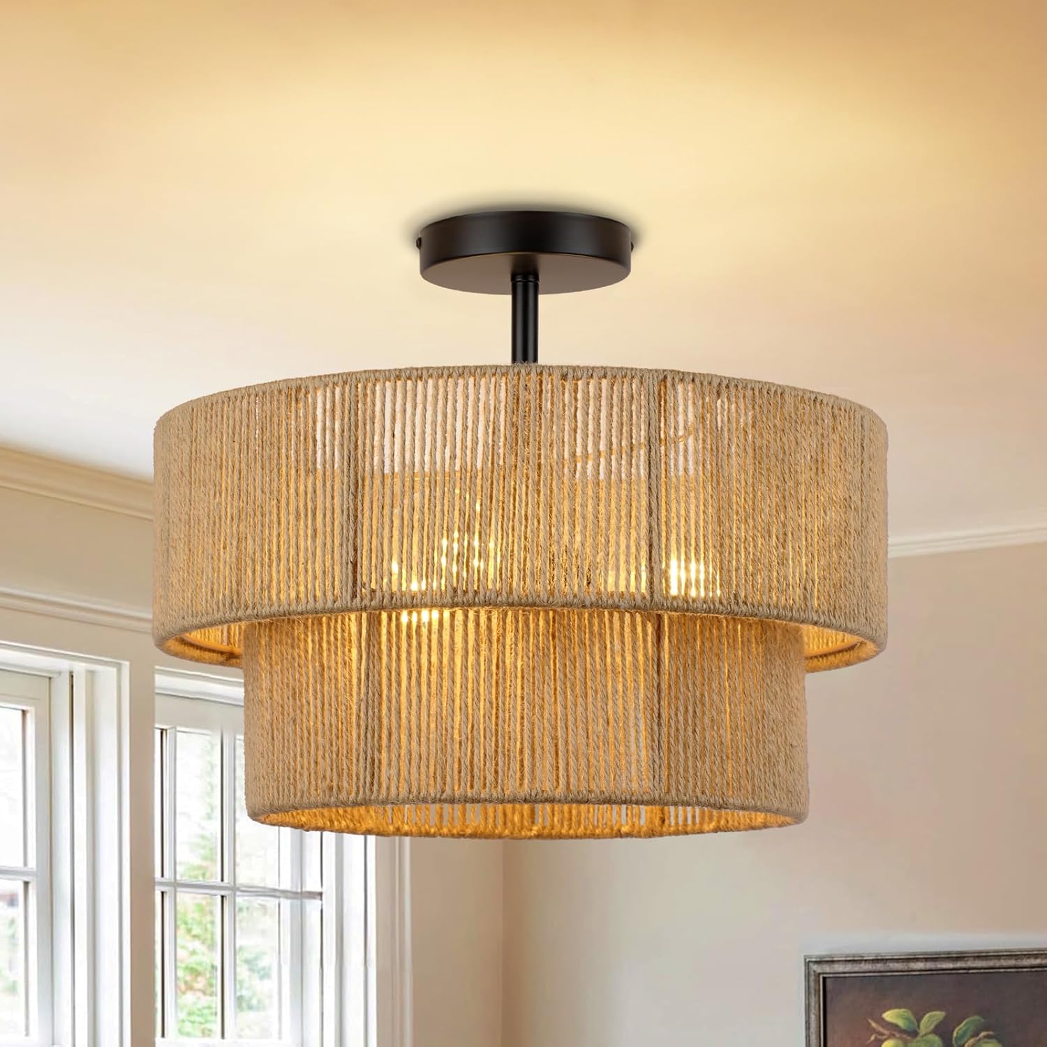 Boho Coastal rope With 2-Tier Drum Shade Farmhouse Chandelier Bedroom Semi Flush Mount Ceiling Lamp (6)