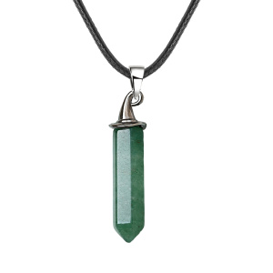 Green Aventurine Hexagonal Prism GunBlack Wizard Cap Pendant Necklace 45cm Black Cord