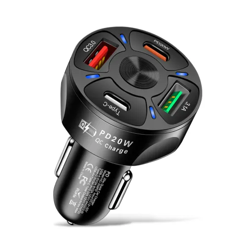 Round Dual USB Car Charger: Fast Charging USB Type C & PD QC3.0 for iPhone, Samsung, Xiaomi