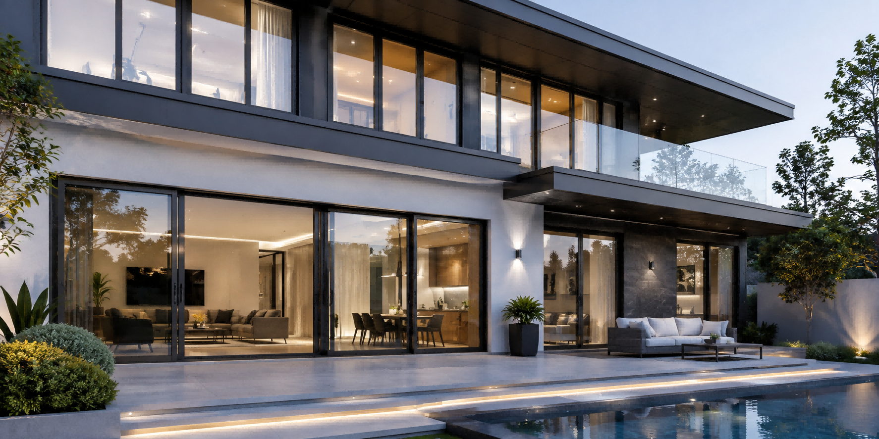 Modern luxury villa featuring expansive black aluminum-framed glass windows and sliding doors.