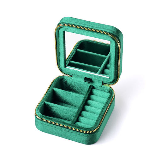 Square Vintage Green Velvet Jewelry Box With Mirror
