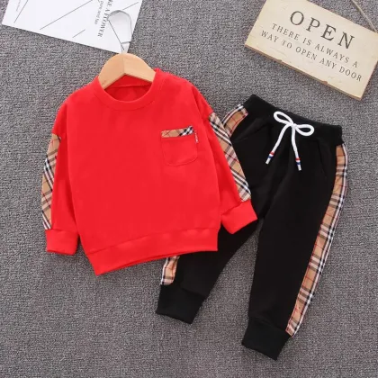 Children's spring and autumn clothes baby clothes set boy top + pants striped plaid baby clothes set kids
