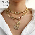17KM Punk Gold Portrait Coin Pendant Necklace For Women Cuban Multilayered Chunky Thick Chain Choker Necklaces Gothtic Jewelry