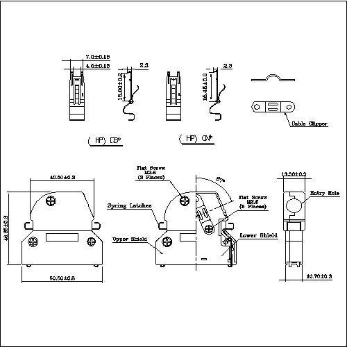 1.27mm Series Shielded Backshell Kits 50P Angled Exit With Spring Latchs HPMCR01-50XS 1.27mm Series Shielded Backshell Kits 50P Angled Exit With Spring Latchs HPMCR01-50XS