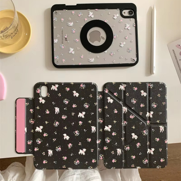 2024 Korean Leather Black Floral Magnetic Fashion Flat Cover for Pro11/13 - Air 6/5 Generation 10 Detachable Fall Protection Case