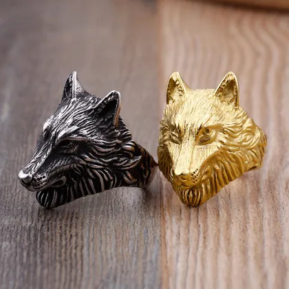 Mens Stainless Steel Viking Gold Wolf Ring