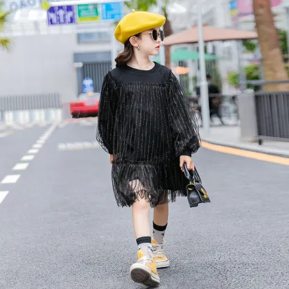 Autumn new big girl children clothes girl dresses black mesh shein dress