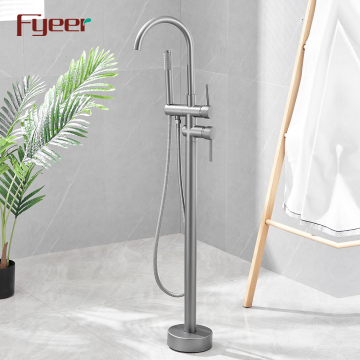 Fyeer Gun Grey Floor Stand Round Bathtub Faucet