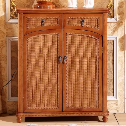 Solid Wood Storage Rattan Woven Shoe Cabinet