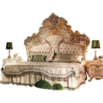 Luxury French Style Solid Wood Carving Bed with Italian Design and Fabric