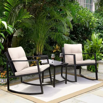 3-Piece Rocking Wicker Patio Furniture Set: Conversation Chairs with Glass Coffee Table in Beige