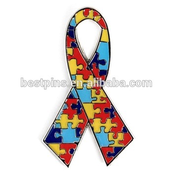 engraved soft enamel diecut ribbon metal shaped lapel pins for autism awareness