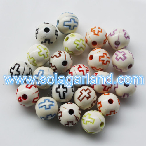 Perles blanches rondes en acrylique de 8 MM et 10 MM avec des cors de couleur néon, motif croisé, perles épaisses