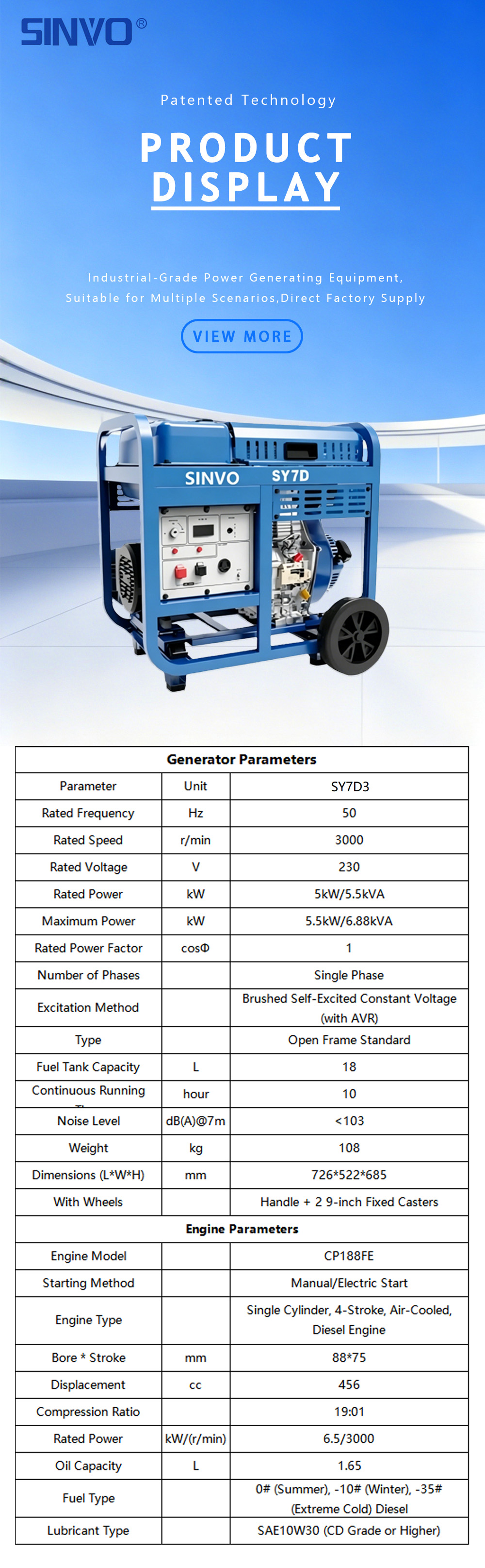 35. SY7D SY7D3 Open Frame Single-Phase Small Diesel Generator Set ZT
