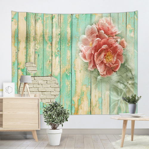Vintage Planks with Pink Flower Tapestry Wall Hanging Vertical Striped Wooden Board Green Spring Wall Tapestry for Livingroom Be