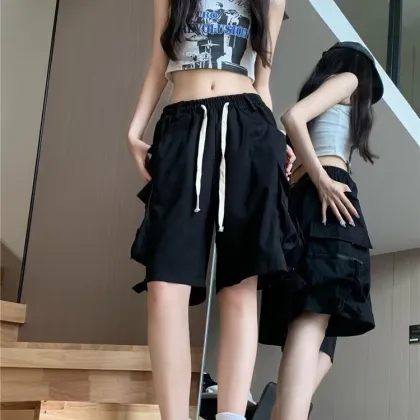 Summer American Fashion Brand: High Waist Polyester Shorts with Large Pockets