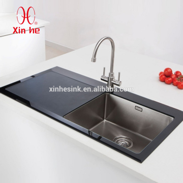 Durable Stainless Steel bowl tempered glass top basin sink for kitchen with glass drainboard