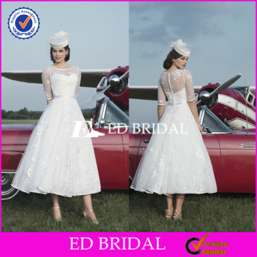 NS880 Vintage Appliqued Tea Length Wedding Dresses Long Sleeve