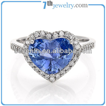 Single Big Heart Shaped Designs Sapphire Brass Cooper Rhodium Plated Finger Ring Wedding/Engagement Rings With Blue CZ Diamonds