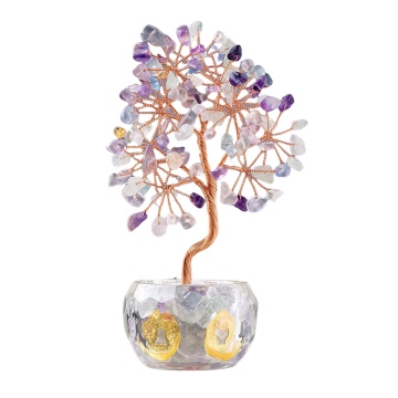 Raw Fluorite Raw Stone Copper Lucky & Life Of Tree Gold Coin Crytal Base Ornament for Home Decor