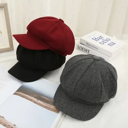 Retro art octagonal hat casual all-match wool beret