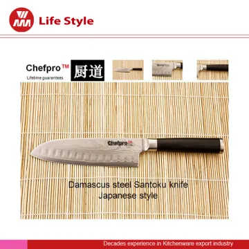 7" Damascus Santoku Knife with Black wood forge handle