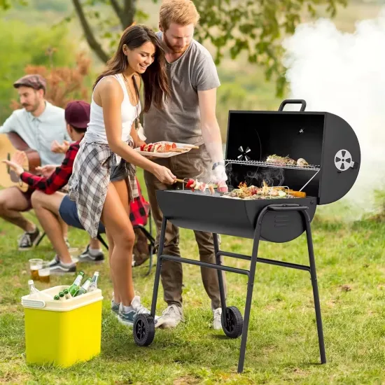 Outdoor Black Steel Barrel BBQ Charcoal Grill with Wheels and Shelves