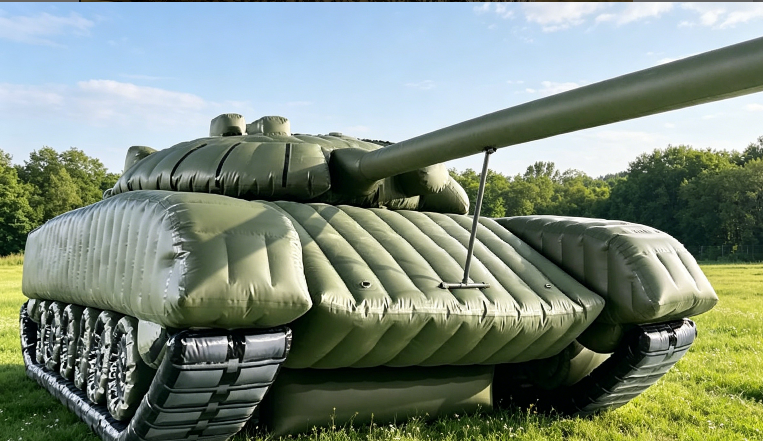 Inflatable green tank decoy on grassland