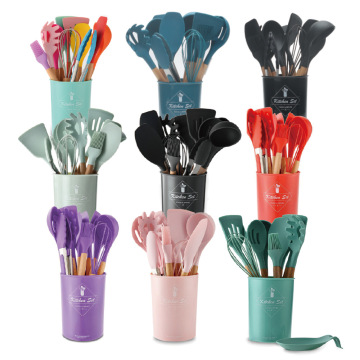 SmartPan Wholesale Kitchenware: 12-Piece Silicone Utensils Set with Wooden Handles - Comprehensive Cooking Tools for Your Kitchen