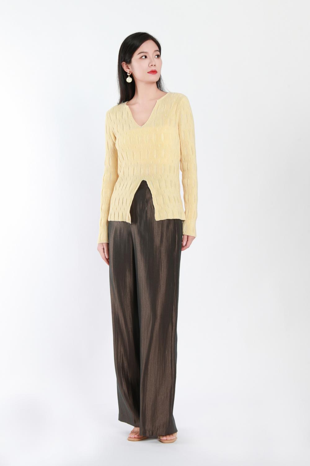 Women's Brown And Grey Woven Wide-Leg Trousers