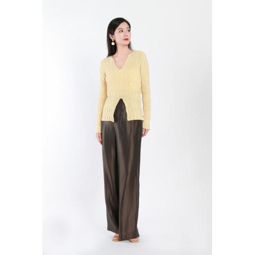 Women's Brown And Grey Woven Wide-Leg Trousers