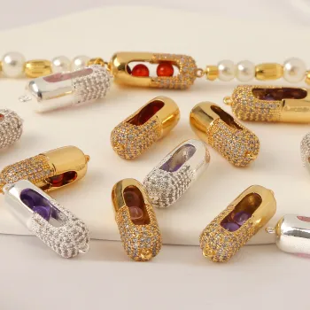 14K Gold Plated Brass Pink Zircon Designer Cylindrical Double Circle Beads