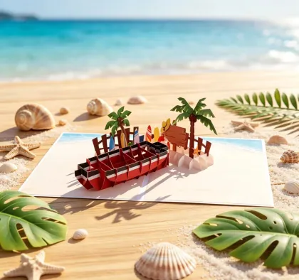 Tropical Beach Boat Vacation Pop Up Card