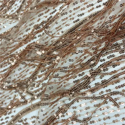 Poly Golden 3D Fringe Sequin Embroidery Fabric