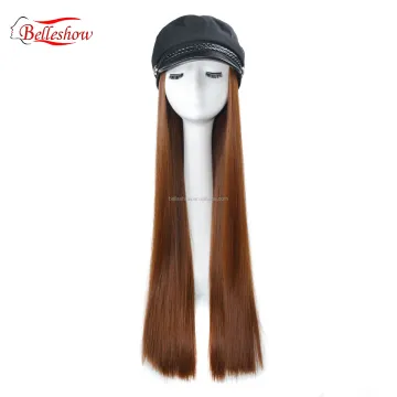 Hot sell Navy hat wig cap fashion girl black straight wig cap Long straight hair hat wig long straight hair