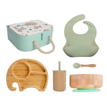 5-Piece Baby Feeding Set: Bamboo Plates, Bowls, Spoons, Suction Bowl, and Wooden Dinner Plate Gift Box