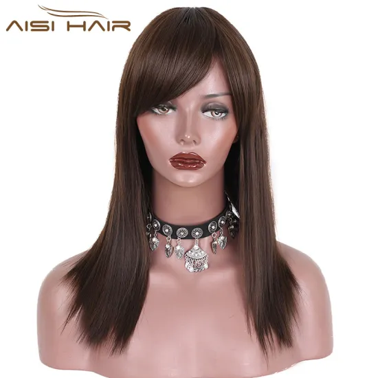 Aisi Hair Synthetic Brown Hair Wigs Long Silky Straight Wigs With Bangs For Black Women Heat Resistant Fiber