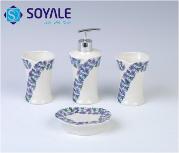 2015 White and Blue Flower Design Ceramic Bathroom Accessories Set