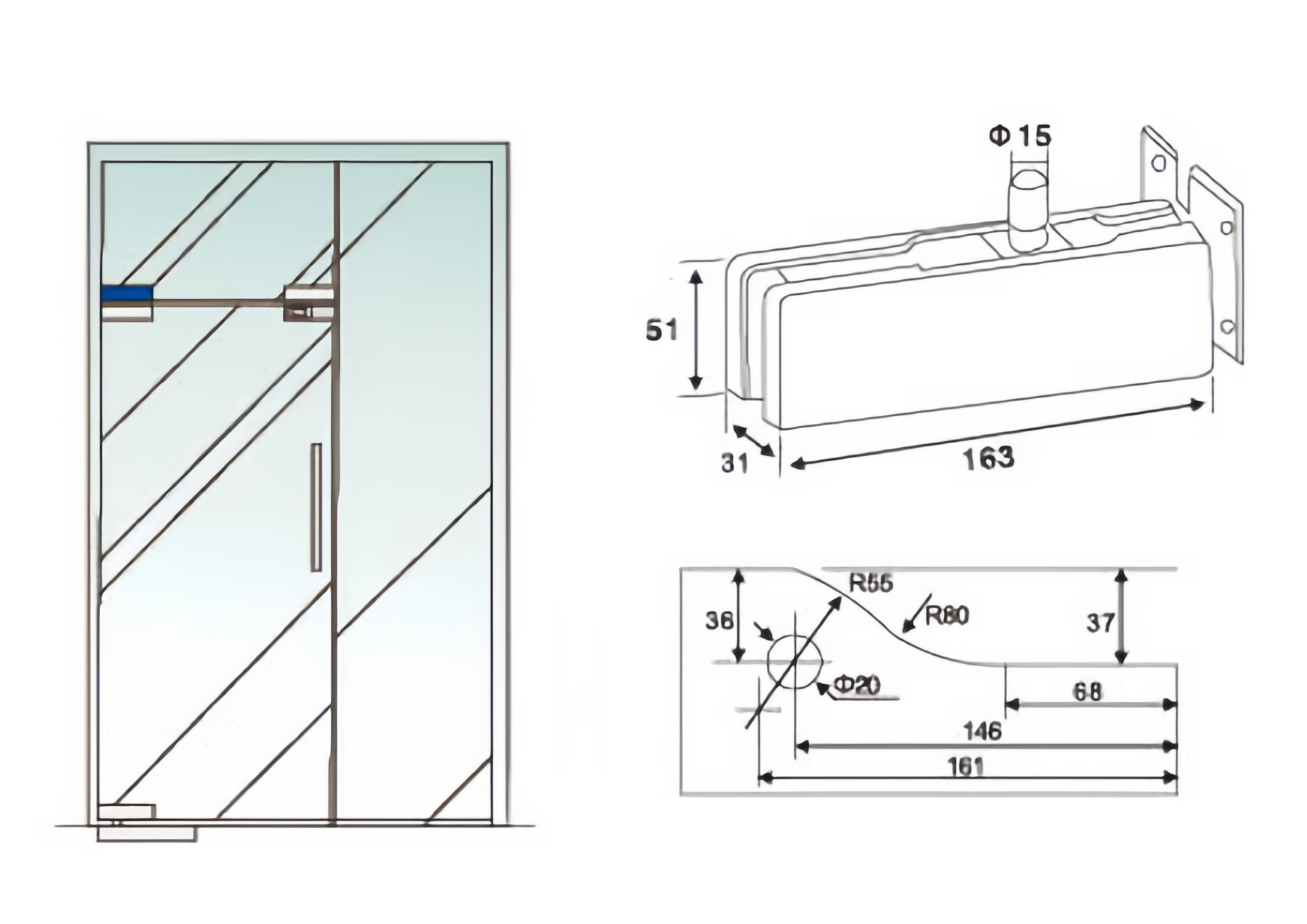 Glass cutout diagram for AZJ004 wall mounted transom patch