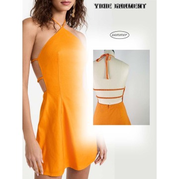 Frauen -Leinenmisch -Sommer -Open -Rücken -Mini -Kleid