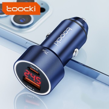 Toocki USB Type-C Dual Port 75W Aluminum Alloy Fast Charging Car Charger with Over Voltage Protection and LED Display