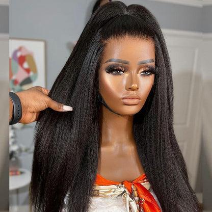 Glueless Kinky Straight Yaki Human Hair Wig 20inch 180% Density